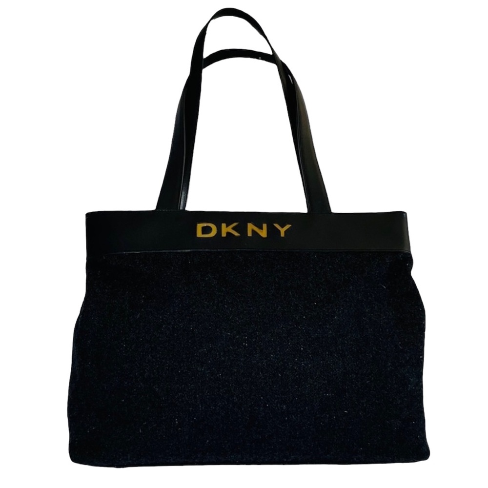 DKNY Wool and Leather Trim Black Tote